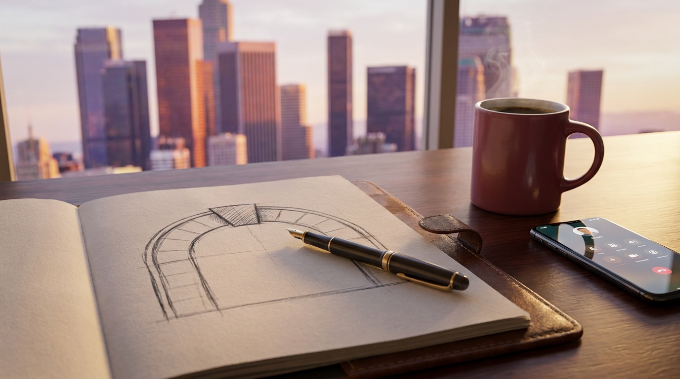 A notebook with a hand-drawn arch and keystone sketch beside a phone on an active call and a cup of coffee, with a city sunrise beyond