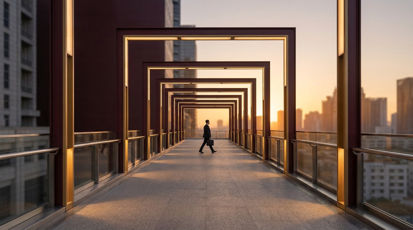 An elevated walkway passing through a series of illuminated gate archways toward a dawn horizon