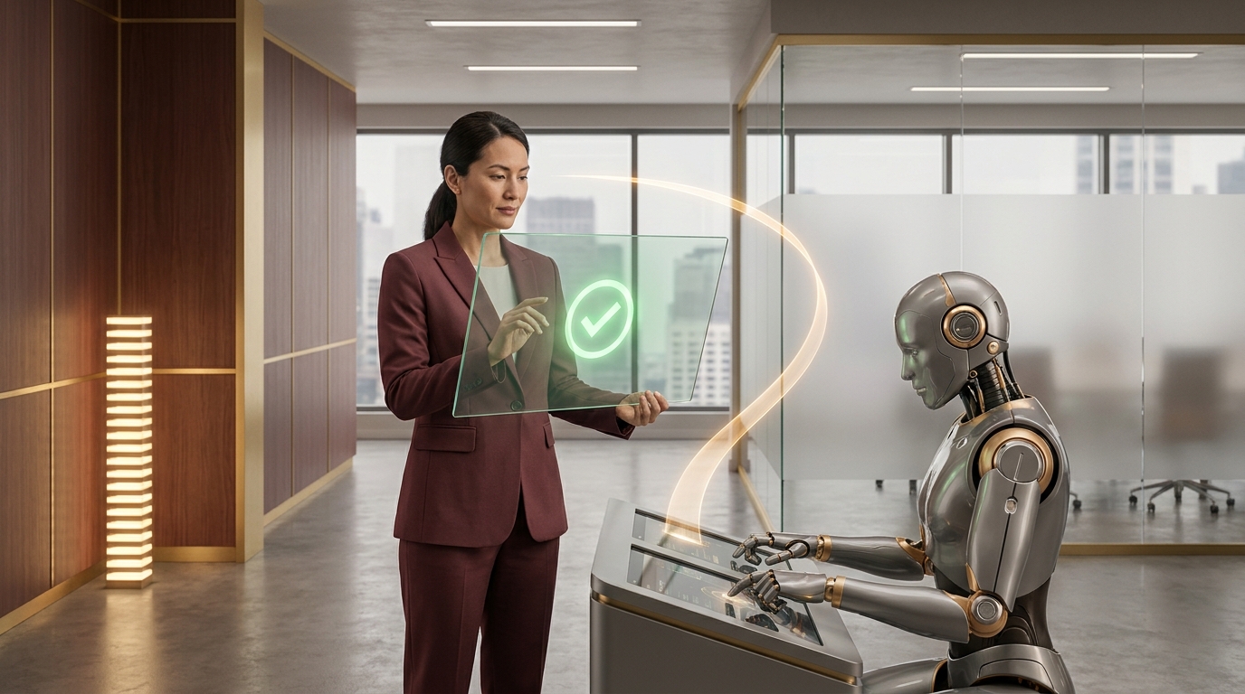 A named human owner supervising an AI agent that directs routine work, with escalation for consequential decisions