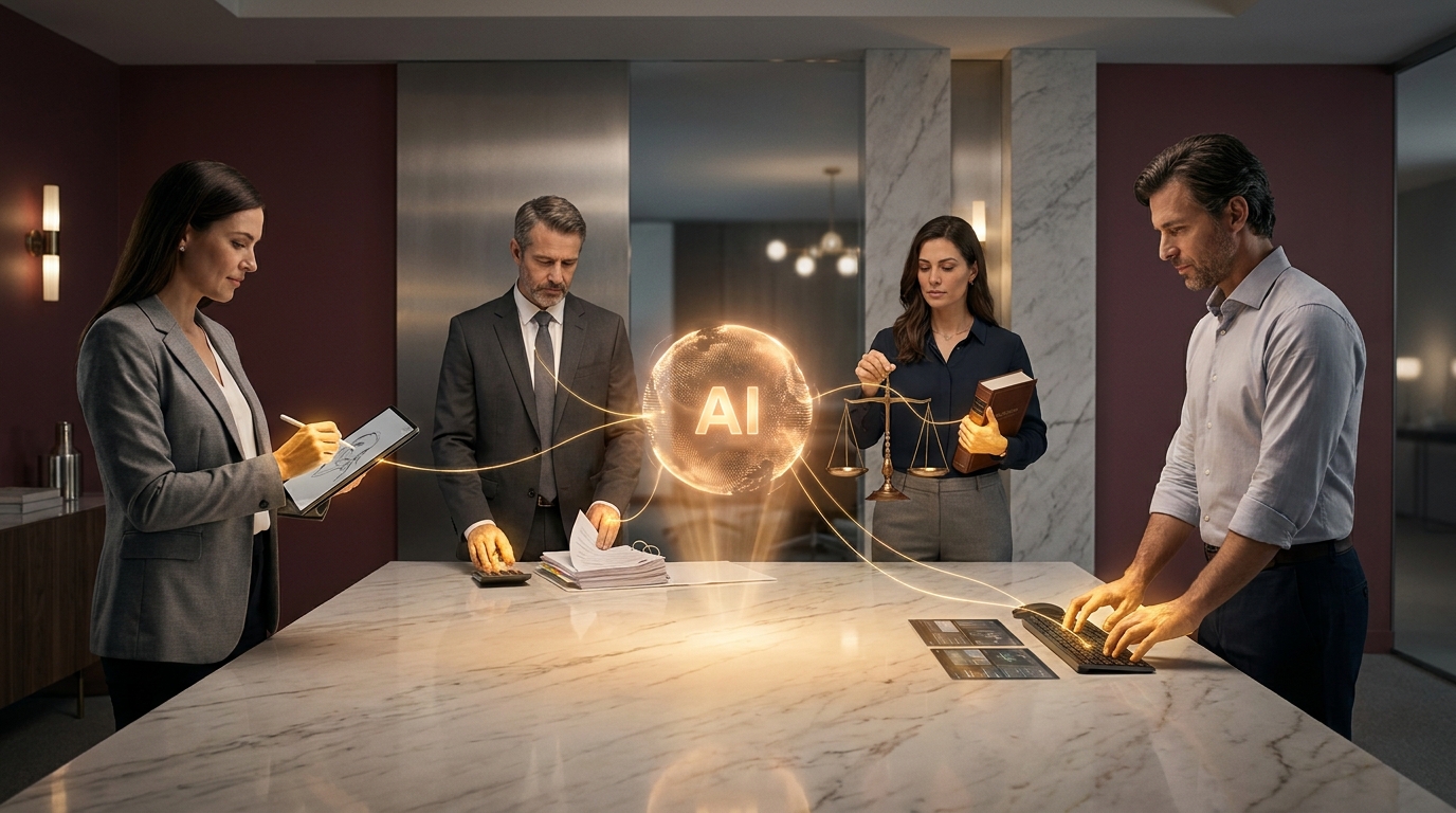 Four roles around one AI system: who devises it, finances it, regulates it, and uses it