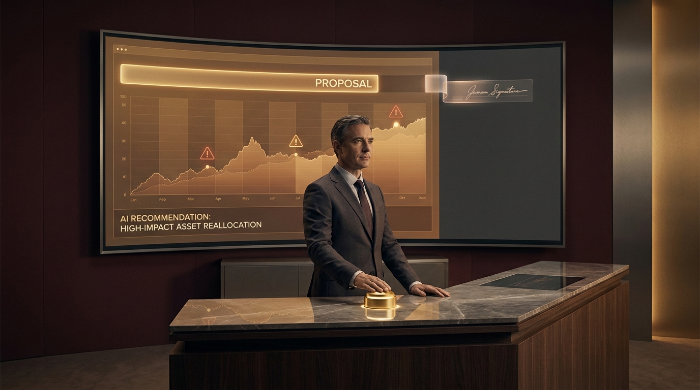 A human executive deliberating over an AI-surfaced recommendation before approving a consequential decision