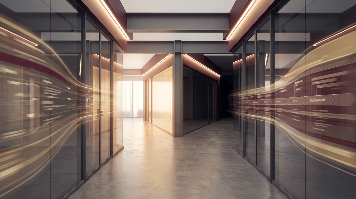 Corporate hallway representing the speed of unvalidated AI deployment
