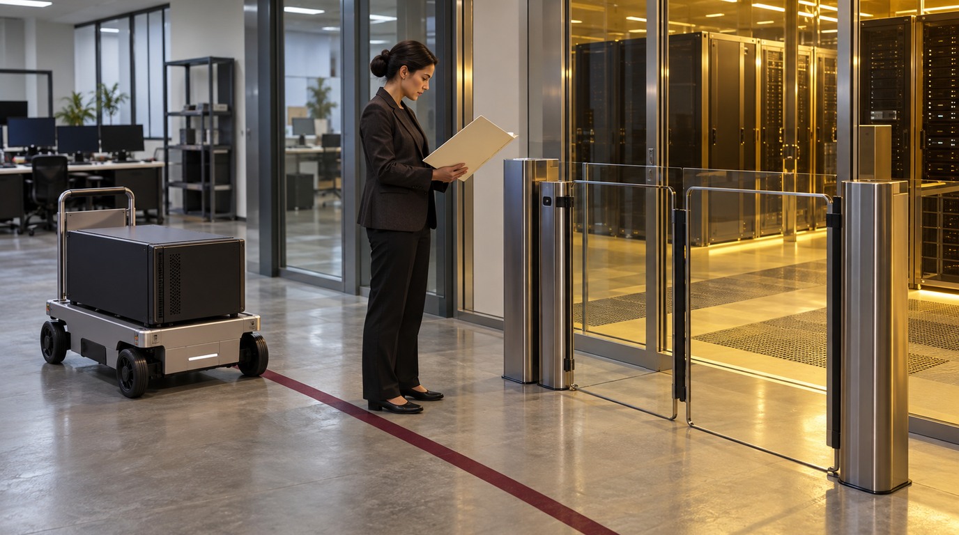 A security reviewer holds an automated equipment cart behind a burgundy boundary at a closed server-room gate
