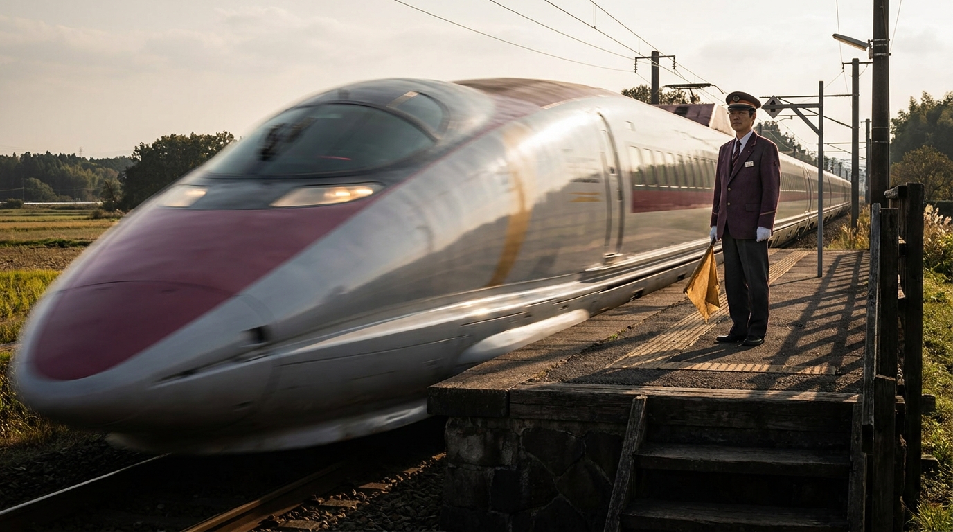 A sleek high-speed train blurs past a small rural station platform where a lone station master holds up a paper signal flag