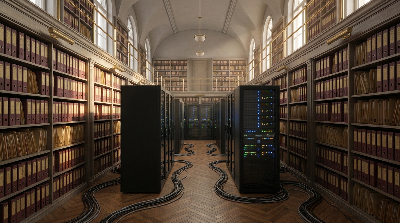 A marble government archive hall with towering shelves of paper binders, while server racks with glowing lights crowd the aisle between them