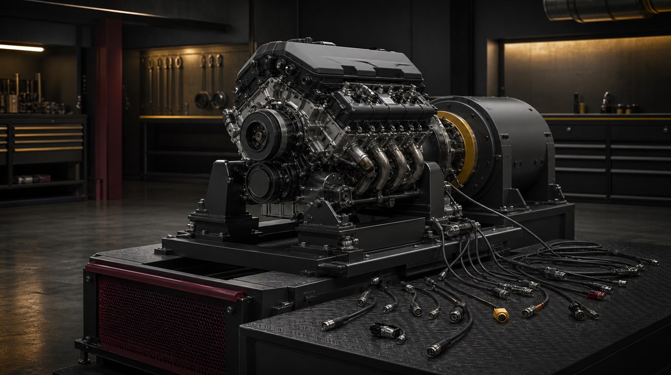 A powerful new engine on a test-bench dynamometer with every sensor cable disconnected, dark workshop, warm gold instrument glow