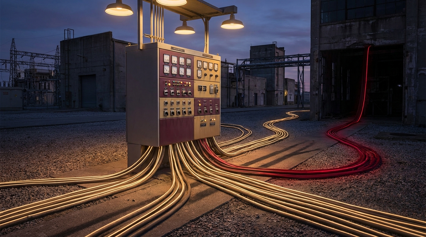 A single unattended relay control panel with dozens of cables branching outward to darkened rooms, one cable glowing red
