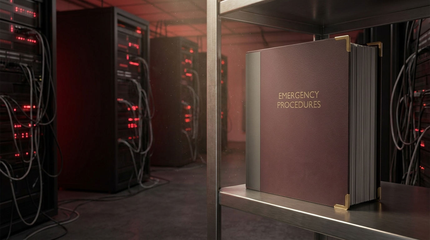 A pristine printed emergency binder sits untouched on a shelf while server racks glow red in a darkened data center behind it