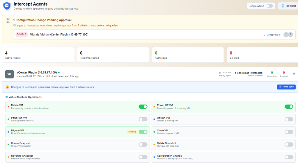 Intercept Agents — vCenter plugin with dual-admin approval toggles